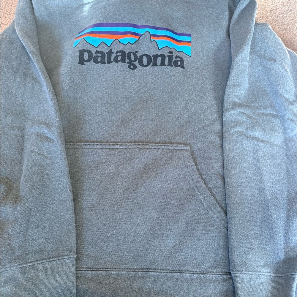 Patagonia Crewneck Sweatshirt in Heather Teal/Gray with Multicolor Logo. Mens XL